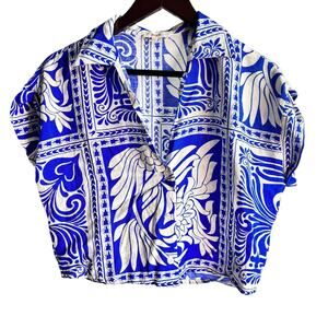 Peach Blue White Crop Top Small Button Front Coastal Boho Blouse